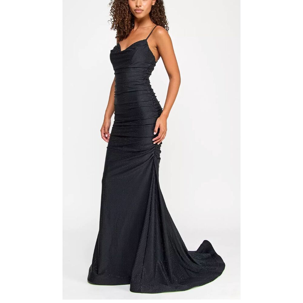 Say Yes to the Dress Studded Ruched Floor-Sweeping Gown Black